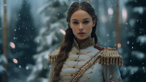 Female Nutcracker Soldier Army in Snowy Forest Editorial