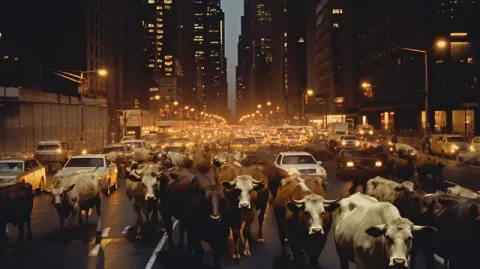 Vintage 1990s Photo of Endless Cows on Night NYC Street