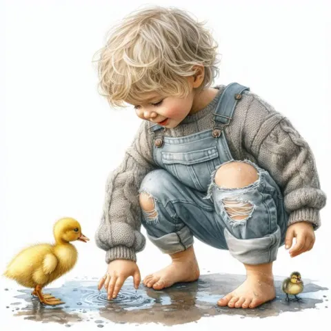 Barefoot Boy in Overalls Playing with Duckling in Puddle