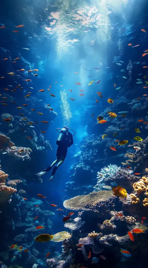 Realistic Japanese Diver in Deep Sea