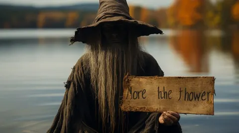 Wild Witch Holding Sign Emerging from Peaceful Maine Lake