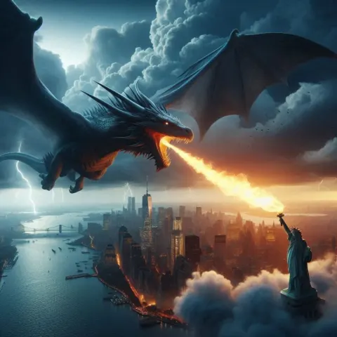 Dragon Igniting Statue of Liberty Torch in Stormy Sky