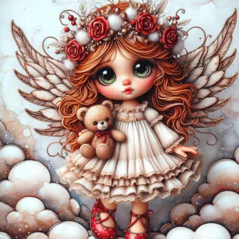 Copper-Haired Angel with Feather and Rose Crown Portrait