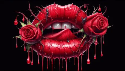 Red Lips Made of Rose Petals with Thorns and Blood Drops