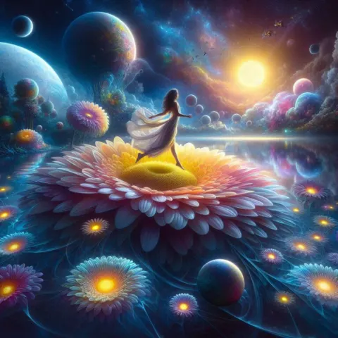 Hyperreal Fantasy Woman in Night Meadow of Sunflowers