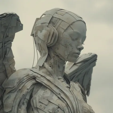Futuristic Concrete Angel Statue in Soviet Postmodern Style