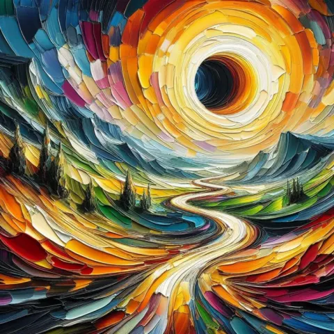 Solar Eclipse over Winding Road Vibrant Impasto Painting