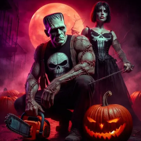 Burtonesque Frankenstein with Chainsaw Under Red Moon