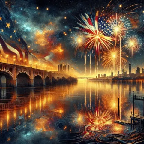 Alcohol Ink Fireworks over Lake with American Flag Burst
