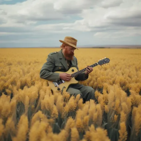 Van Gogh Playing Guitar in a Windy Wheatfield