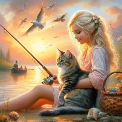 Blonde Girl Fishing With Tabby Cat at Sunrise Oil Painting