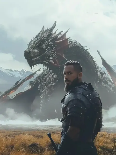 Armored Warrior Confronts Dragon
