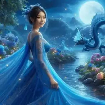 Filipina Girl With Blue Dragon Under Moonlit Night