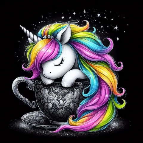 White Unicorn Asleep in Silver Teacup Caricature