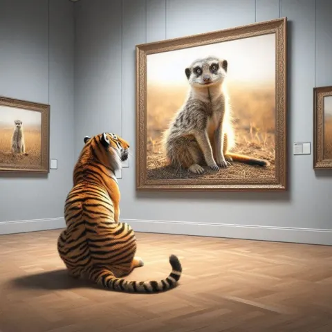 Tiger in Gallery Viewing Large Meerkat Painting