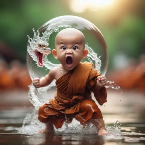 Baby Monk With Water Dragon Practicing Martial Arts