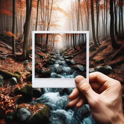 Hand Holding Polaroid of Autumn Forest Stream