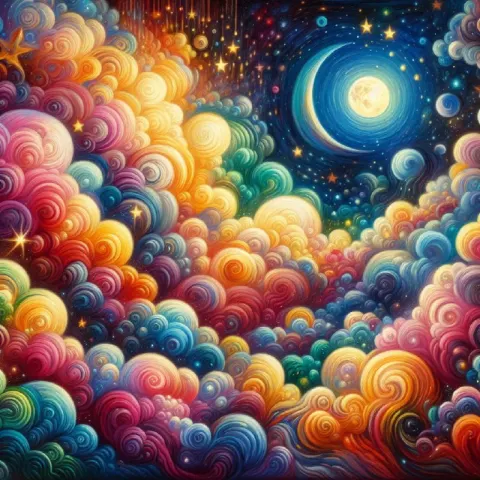 Psychedelic Clouds With Stars and Moon Oil Painting