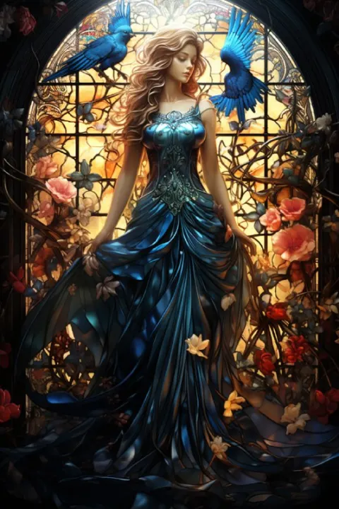 Stained Glass Woman Angel Queen in Folklore Dress
