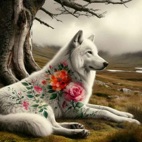 White Wolf With Floral Ink Art Painted on Fur
