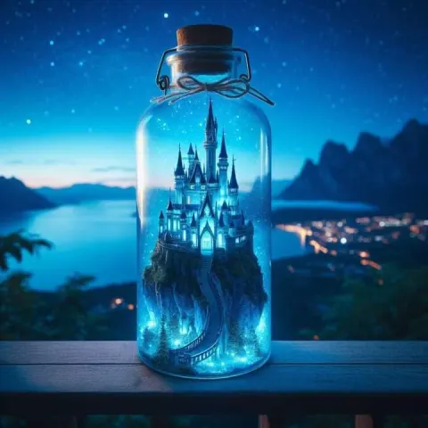 Glowing Blue Castle in a Bottle at Twilight