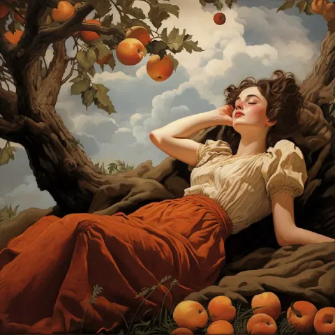 19th-Century Woman Sleeping Among Apples Illustration