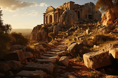Black and White Photo of Crumbling Greco-Roman Temple
