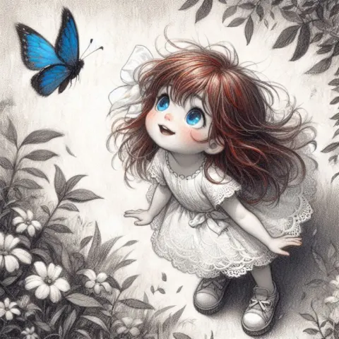 Red-Haired Girl in Lace Dress Watching Blue Butterfly