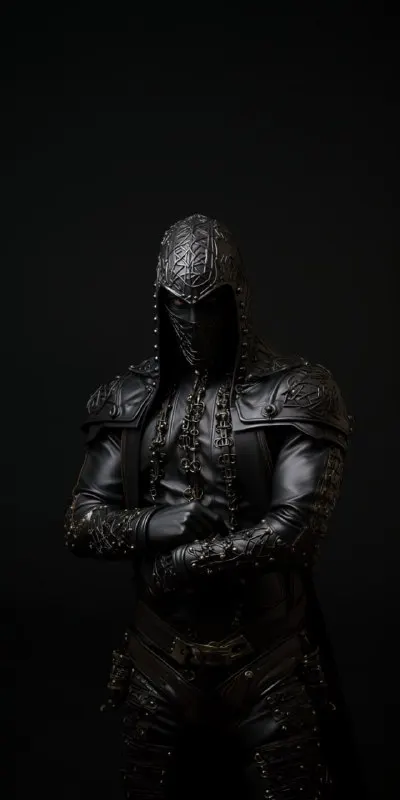 Black Lacquer Male Model in Futuristic Leather Dress