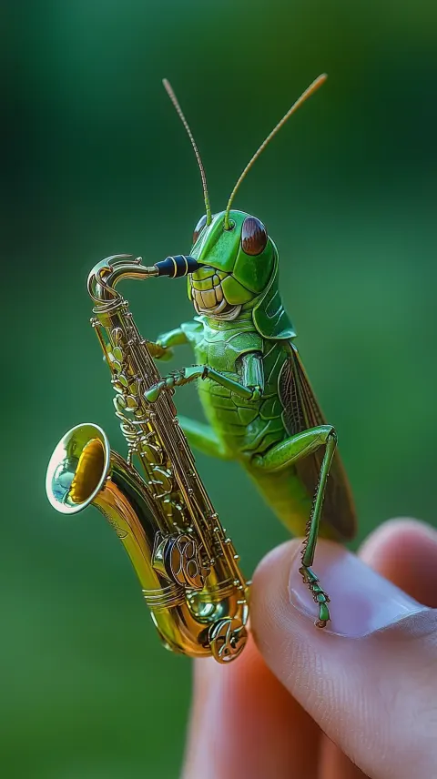 Macro Grasshopper with Saxophone