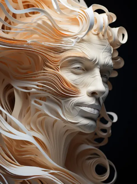 Wavy Line Sculpture of Human Form in Beige and Gray