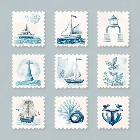 Retro Marine Stamps Watercolor