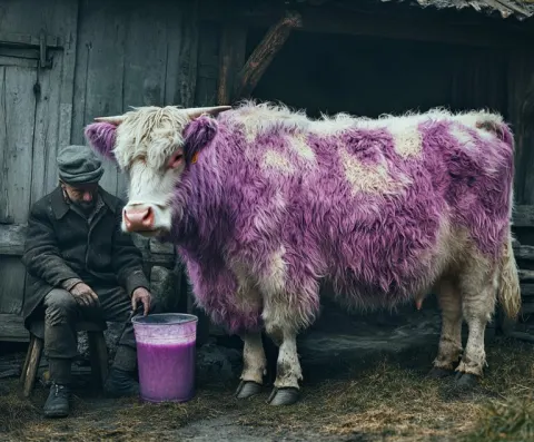Surreal Purple Milk Cow and Farmer