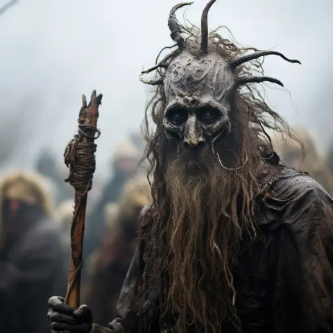 Pagan Cult Member at Misty Moorland Cremation Rite