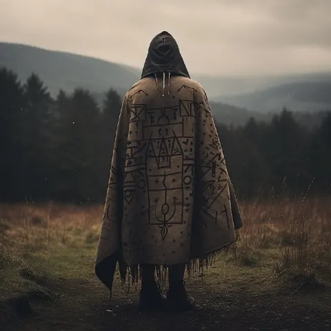 Rune-Clad Pagan Man in Animal Mask on Wild Mountaintop