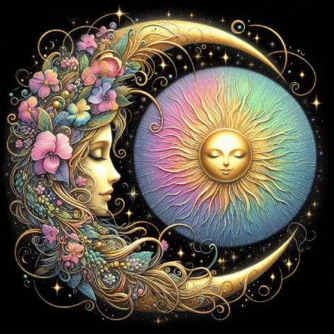 Golden Crescent Moon With Flowers and Face Bas Relief