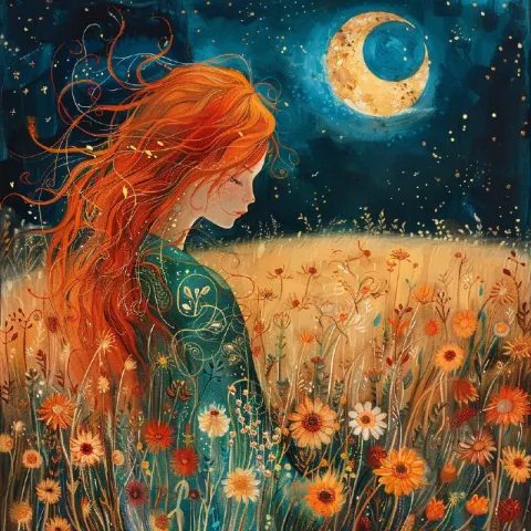Red-Haired Girl in Flower Field Romantic Moonlit Art
