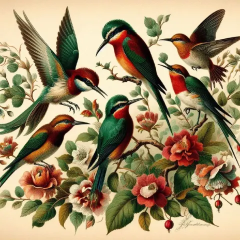 Birds on a Branch in Emerald and Crimson Enamel