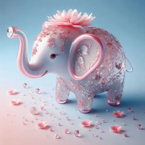 Blown Glass Elephant With Pink Floral Designs