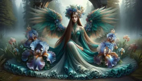 Celestial Angel in Teal Chiffon Gown With Irises