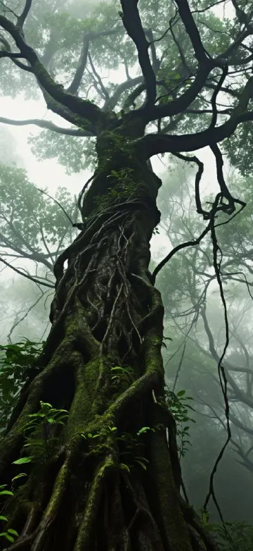 Worm's-Eye View of Giant Vine-Covered Jungle Tree