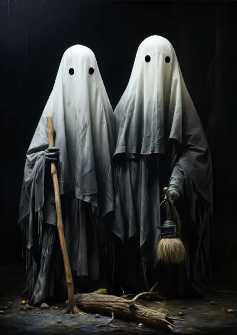 Two White Ghosts on Black Canvas Elongated Figures