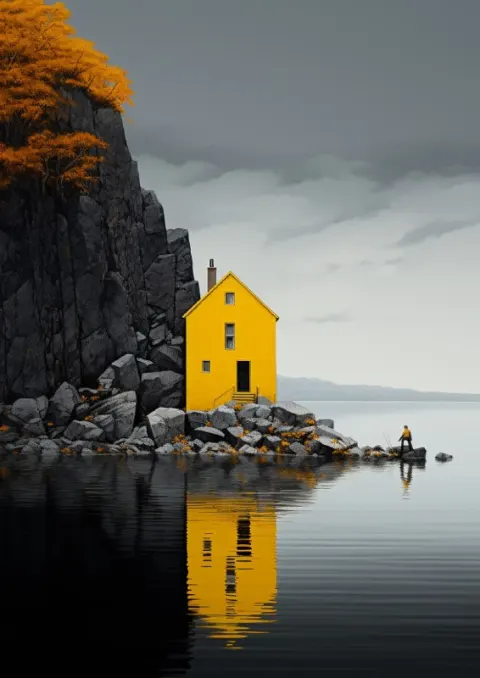 Yellow House at Danish Fjord Eiko Ojala Style Poster