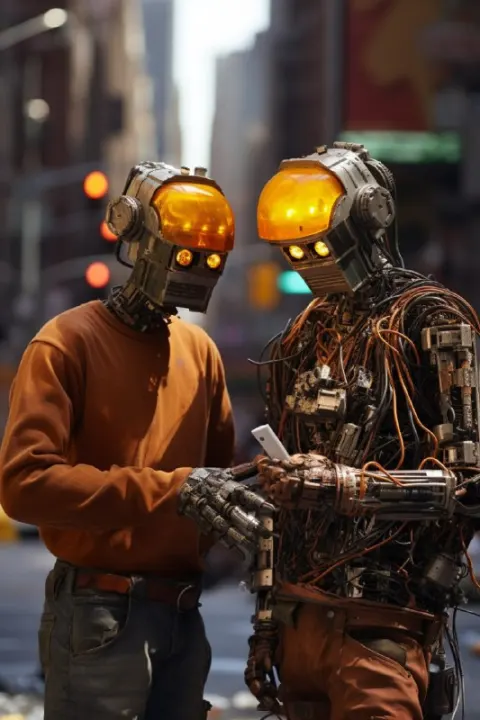 Rusty Robot Roadworkers on Busy New York Street