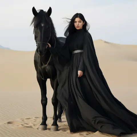 Korean Woman With Black Horse in Sand Desert