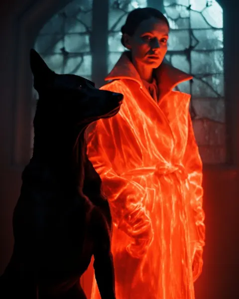 Double Exposure Woman in Orange Coat With Black Dog