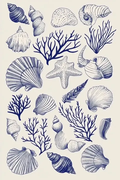 Hand-Drawn Seashells and Corals