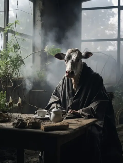 Cow-Headed Man in Black Robe in Brutalist Ruin