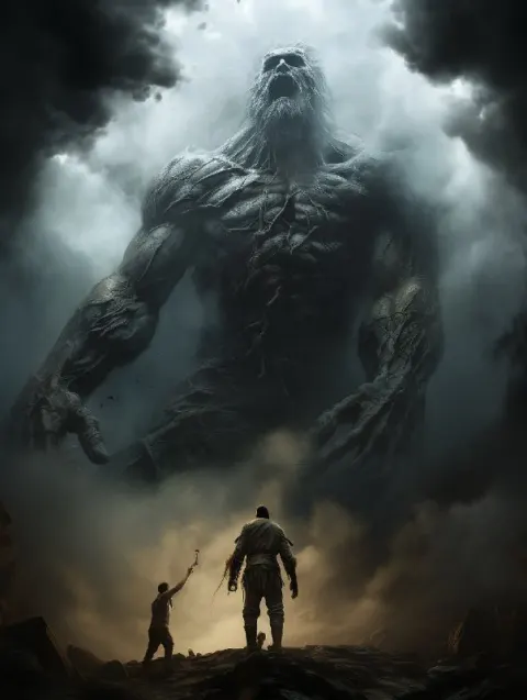 Giants and Warriors Battle Surreal Low Angle Scene