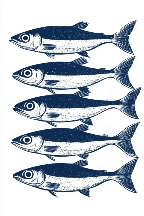 Linocut Sardines in Blue